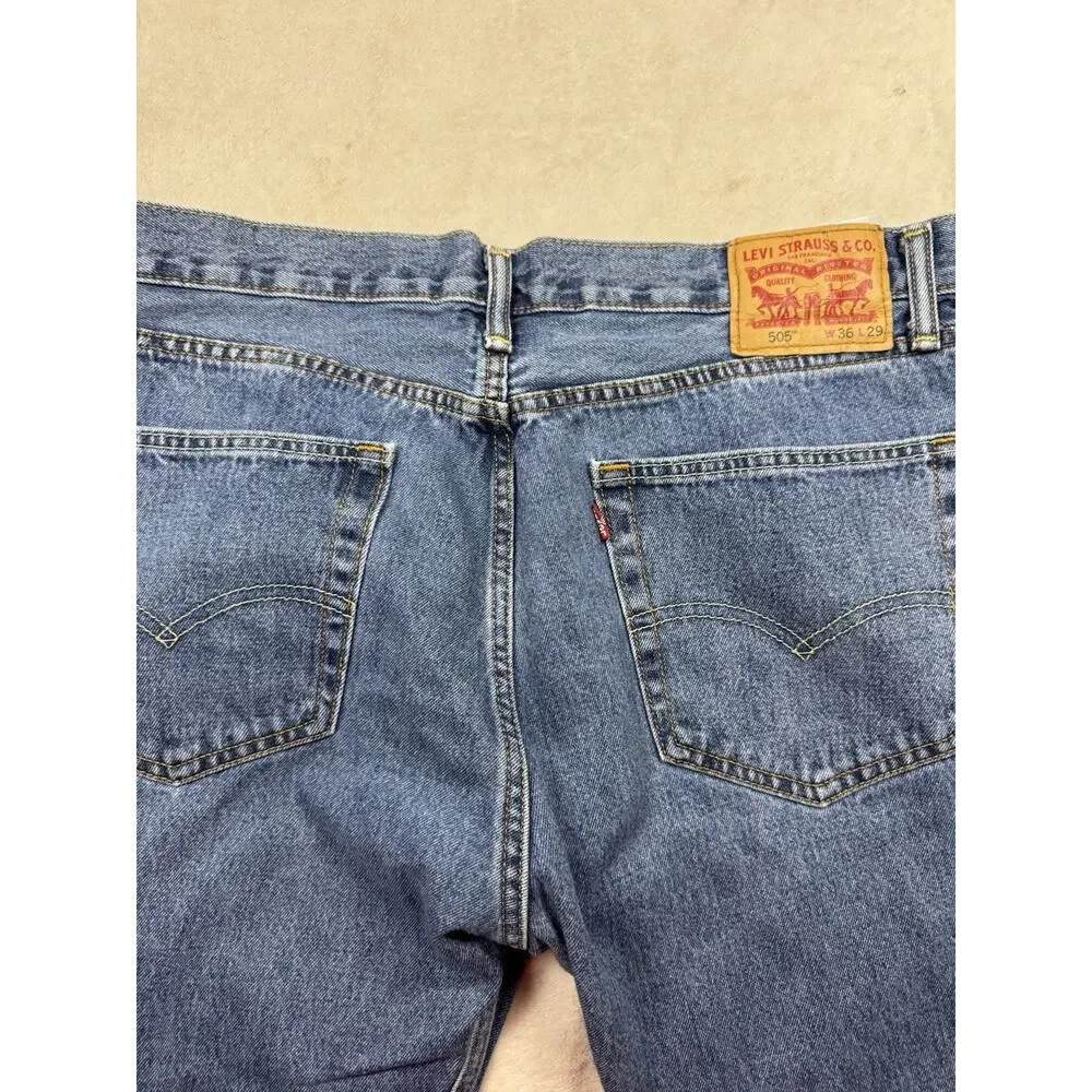 Levis 505 Mens Jeans 36x29 Regular Fit Straight Leg Blue Denim Raw Hem